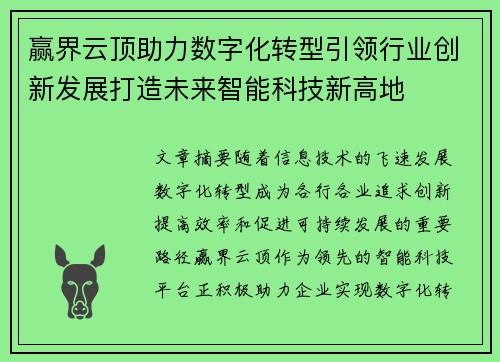 赢界云顶助力数字化转型引领行业创新发展打造未来智能科技新高地